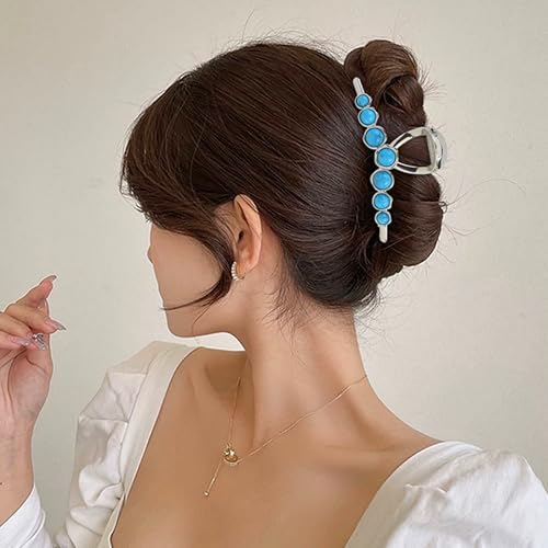 SINIDE Turquoise Blue Stone Hair Claw Clips, Large Metal Retro Bowknot Claw Clip for Women Strong Hold Non-Slip Catch Barrette Jaw Clamp for Long Thick Hair, Fashion Styling Accessories (2 Pack)
