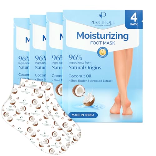 PLANTIFIQUE Korean Foot Mask with Shea Butter 4 Pairs box for Dry & Cracked Feet | Hydrating Socks for Soft Heels | Intense Moisturizing and Repairing Dry Rough Skin | Foot Spa | Happy Feet Mask