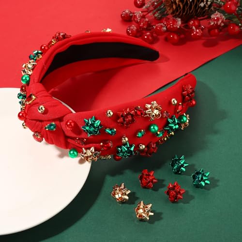 Christmas Headbands for Women Xmas Bow Tree Snowflake Headbands Jeweled Crystal Pearl Knotted Headband Holiday Hair Accessories Party Gifts (Xmas Bow 2)