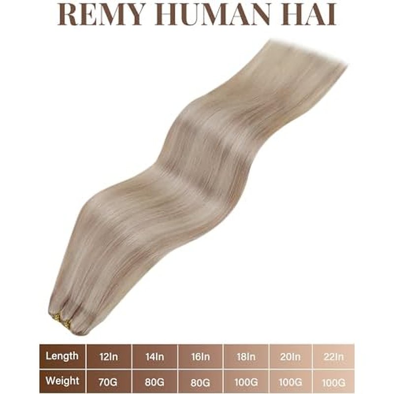 Hetto Sew in Hair Extensions Real Human Hair Ash Blonde Highlights Weft Hair Extensions Human Hair Blonde Highlights Sew in Hair Extension Double Weft 22 Inch 100g