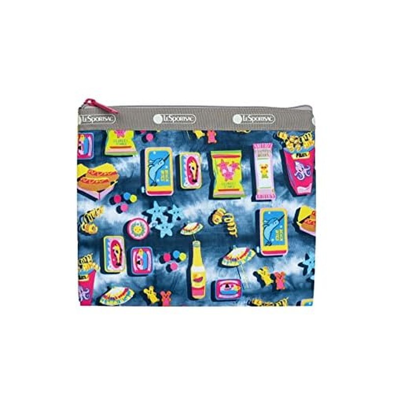 LeSportsac Beach Snacks Deluxe Everyday Crossbody Bag + Cosmetic Bag, Style 7507/Color F949, Vibrant Pop Art Style Beachy Graphics: Hot Dogs, French Fries & Tropical Drinks, Unique Hot Pink Zip Pull