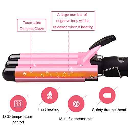 3-Barrel Curling Iron Ceramic Tourmaline Crimper with LCD Display & Dual Voltage Crimper Hair Tool for Women Beach Waves with Adjustable Temp (Pink)