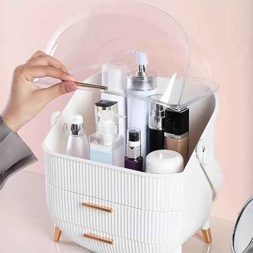 Makeup Storage Organizer for countertop£¬Cosmetics Display Case with 2-Layer Storage Box and Transparent Cover, Keep Bedroom Vanity Organizer Clea, Milky white