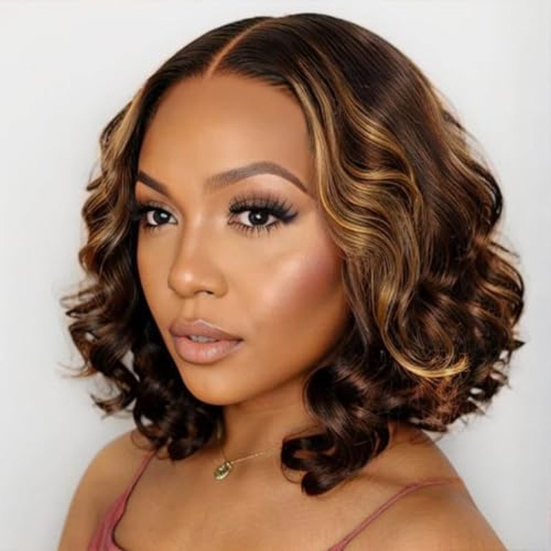 ISEE Wear Go Glueless Wigs Human Hair Pre Plucked Pre Cut Short Bob Body Wave Lace Front Wigs Human Hair for Women Upgraded Glueless Bob Wig 7x5 HD Lace Closure Wigs (Highlight Ombre, 12 Inch)