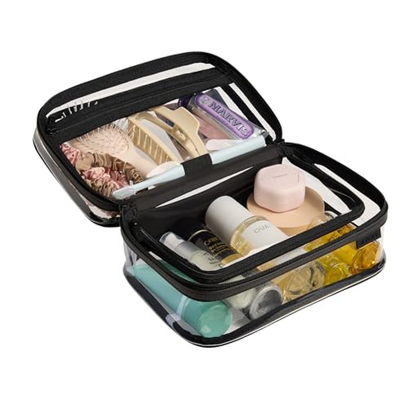 Away Clear Cosmetic Case for Travel, TSA Approved Double Compartment Makeup & Cosmetic Organizer with Leather Handle, Transparent Carry-On Pouch for Toiletries, Brushes & Essentials