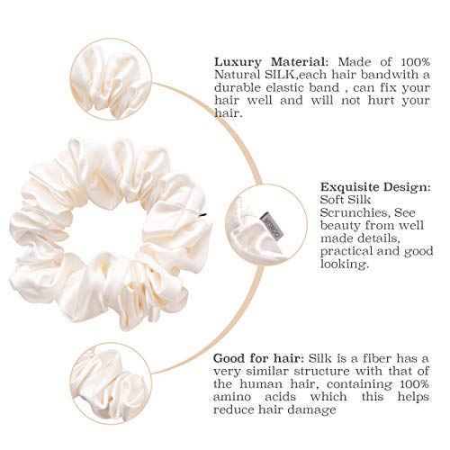 MTSNOO Silk Scrunchies for Hair, 100% Pure 22 Momme Mulberry Silk Scrunchies for Curly Hair with Elastic Band, 4 Pack, Ivory