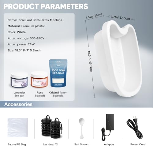 Ionic Foot Bath Detox Machine, Premium Ion Foot Spa for Home Use, Includes 3 Sea Salts (Original/Rose/Lavender), Basin, 2 Ion Arrays & Accessories, Perfect for Parents/Seniors/Partner/Self