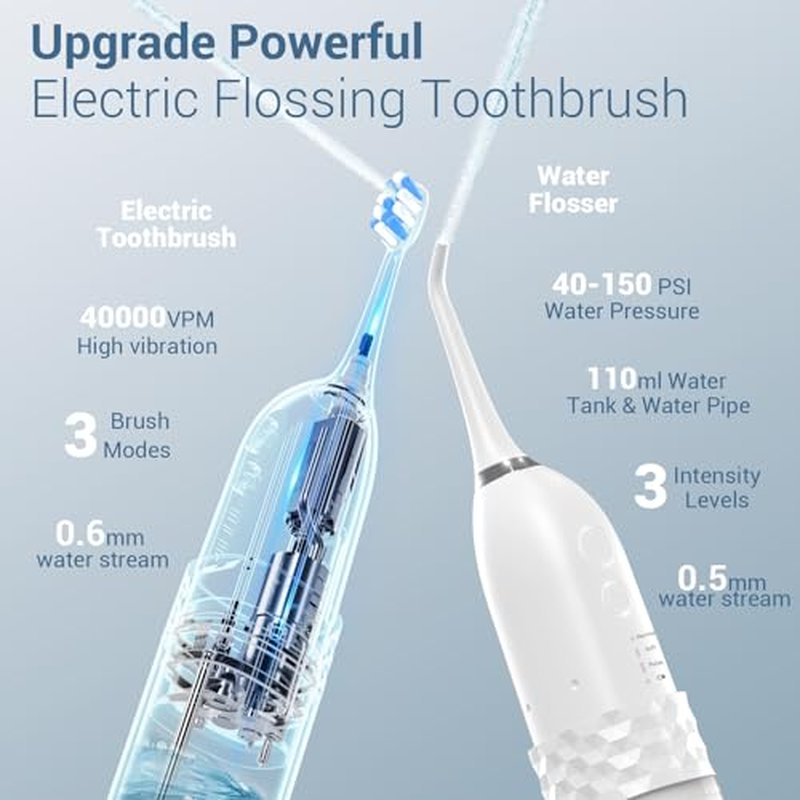 Upgraded 2-in-1 Electric Toothbrush with Water Flosser 2.0 ? Ultrasonic Brushing with Built-in Water Outlet, 3+4 Modes with Point-Jet, Portable Oral Irrigator, IPX7 Waterproof, for Travel & Home