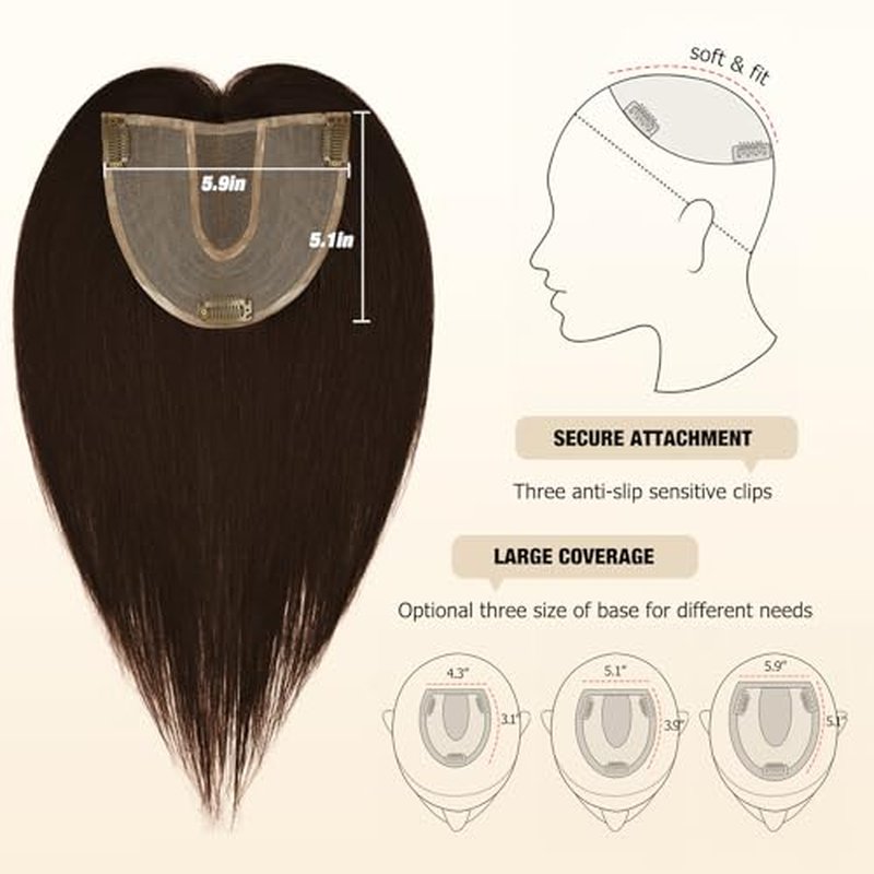Large Coverage 5.1x5.9inch Hair Toppers for Women Real Human Hair No Bangs Swiss Base Wig Topper Womens Hair Topper for Thinning Hair 150% Density Remy Hair Wiglets #2