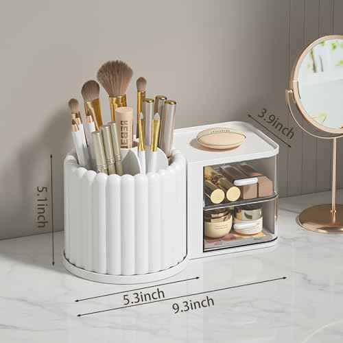 Anyoifax 360 Rotating Makeup Brush Holder 7 Slots Makeup Organizer with Drawer Removable Spinning Cosmetic Storage Pen Holder for Vanity, Dresser, Desk, White