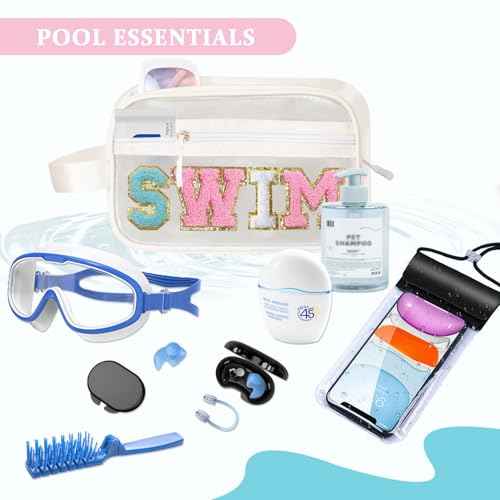 COSHAYSOO Clear SWIM Makeup Bag with Preppy Letter Patch Beach Pool Travel Essential Gifts for Women Swimmer Swimming Team Teenager Girls Cute Toiletry Zipper Pouch Cosmetic Purse Organizer