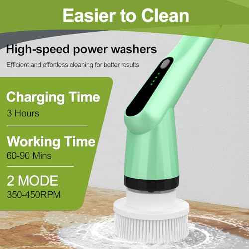Electric Spin Scrubber, Shower Scrubber with Long Handle Adjustable, 2 Speed & 7 Replaceable Brush Heads Shower Cleaner Brush, Electric Scrubber for Cleaning Bathroom Tile Floor Bathtub Green