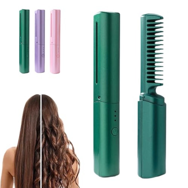 Ceramic Hairdressing Comb Smooth, 2025 New Hairdressing Comb for Straight and Curly Hairs, Upgrade Portable Wireless 2-in-1 Hairs Dressing Combs Fast Heating 3 Adjustable Temperatures (Green)