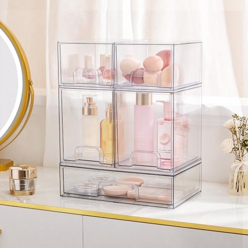 Vtopmart Stackable Storage Drawers Set of 4, Clear Plastic Organizer Bins for Bathroom Supplies,Ideal for Cabinet,Pantry,Laundry Room Organization