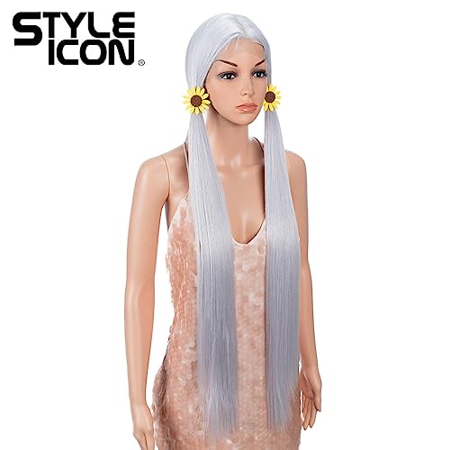 Style Icon 38" Silver Grey Wig Super Long Straight Wigs 6" Deeper Middle Part Lace Lace Front Wigs Silver Grey Long Straight Wig (38", THISTLE)