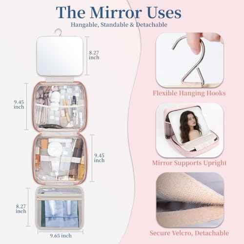 GLINT & GLIDE Travel Makeup Bag with Mirror-Hanging Toiletry Large Capacity, Organizer Toiletries Bag, Portable Cosmetic Case for Women and Girls, Pink
