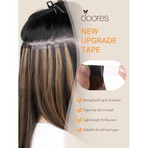 DOORES Tape in Hair Extensions, Balayage Dark Brown to Chestnut Brown 25g 10pcs 18 Inch Remy Straight Hair Skin Weft