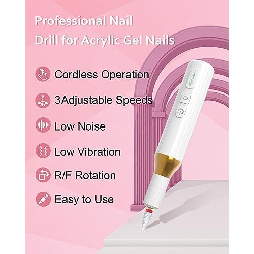 Nail Drill,Cordless Electric Files for Gel Nails E-File Manicure Kit Women Rechargeable Drill para U?as Profesional Machine Grinder Acrylic White (M918)