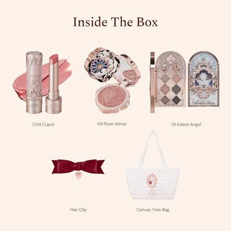 Flower Knows Little Angel 5-Piece Makeup Set,Matte Lipstick(C04) + Cream Blush(04) + Eyeshadow(01) + Canvas Tote Bag + Hair Clip,Gift for Girls & Women