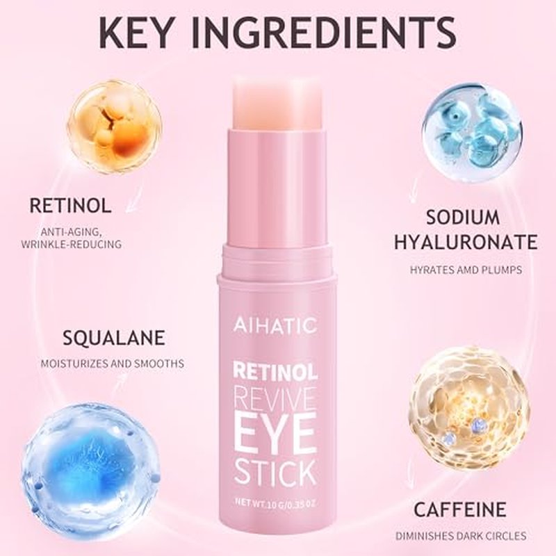 Retinol & Caffeine Eye Balm Stick - Dark Circles Relief & Depuffing Treatment, Hyaluronic Acid + Collagen, Gentle Under Eye Cream for Sensitive Skin, Hydrates & Smooths Fine Lines, 0.35oz/10g