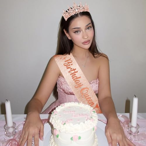 CURASA Rose Gold Birthday Sash and Crown - Crystal Tiaras for Women & Girls - Princess Crowns for Party Gifts