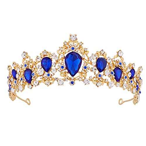 Audrey Descendants Costume Crown, Vofler Gold Tiara Royal Blue Crystal Headband Accessories for Women Queen Girl Bride Princess Quinceanera Birthday Wedding Pageant Prom Homecoming Halloween Party