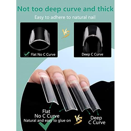 504 PCS No C Curve Clear Nail Tips for Acrylic Nails Professional, 3XL Extra Long, 12 Sizes Half Cover Straight Tapered Square French Fake Nail Tips for Nail Salons Home DIY