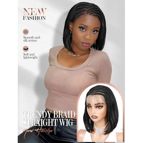 Quantum Love 13x4 Straight Bob Lace Frontal Wigs Braided Wigs for Black Women Braids Cornrows Lace Straight Bob Wigs Handmade Lace Frontal Synthetic Glueless Wig