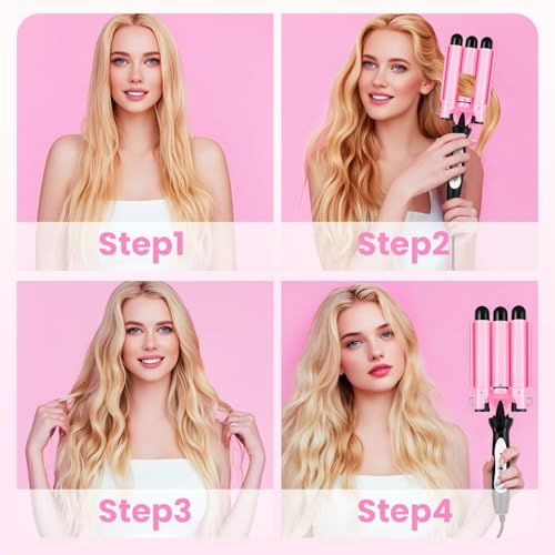 3 Barrel Curling Iron - 1" Professional Ceramic Hair Crimper with Dual Voltage & 2 Temperature Settings | 25mm Triple Barrel Waves Wand for Fast Heating Styling | Pink