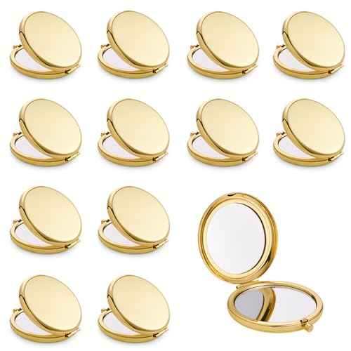 Compact Mirror, Pocket Travel Makeup Mirror for Purse, Metal Round Shell, 2-Sided 1X/2X Magnifying, Portable, Folding, Handheld, Gold, 12 Pack