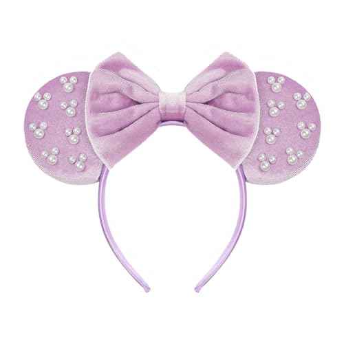JIAHANG Velvet Mouse Ears Hair Bow Headband with Pearls, Party Decoration Fashion Hair Band Hair Accessories for Women Girls (velvet purple 05)
