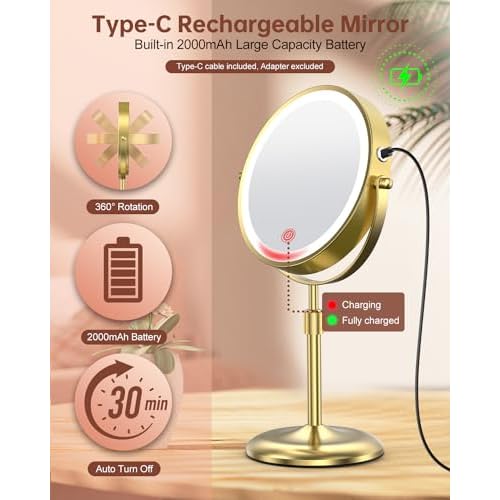 Benbilry Lighted Makeup Mirror with 3 Color Lights & 10X Magnification, Adjustable Brightness & Height, 7 Inch 360¡Æ Swivel Rechargeable 10X LED Magnifying Vanity Mirror with Light, Gold