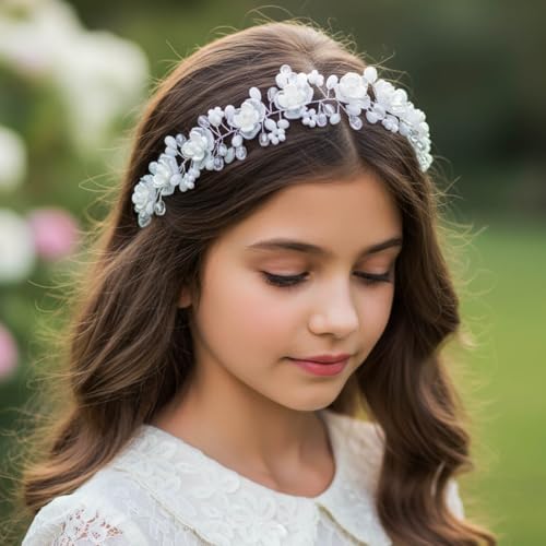 Campsis Flower Girls Hair Accessories, White Wedding Headpiece, Crystal Floral Headpiece