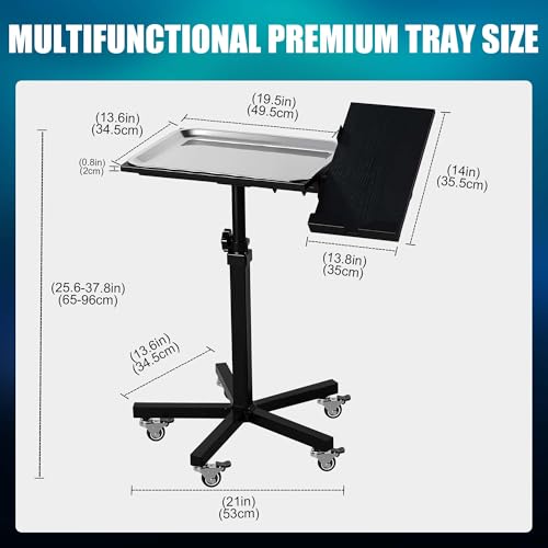 POARMEEY Mobile Tattoo Tray Cart with Wheels, Height Adjustable Stand, Removable Steel Tray, Rolling Tray for Salon and SPA Use