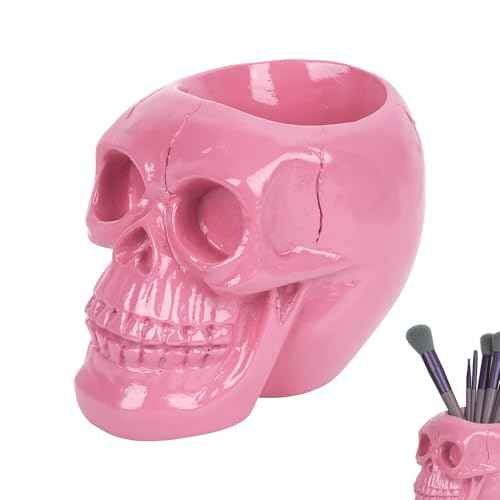 Skull Makeup Brush Holder, Skull Pen Holder, Gothic Skulls & Bones Organizer Bathroom Skeleton for Vanity Decor, Office Organizer, Planter (Pink)