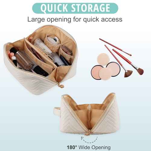 Makeup Bag Cosmetic Bag, Large Capacity Travel Makeup Bag for Women with Portable Pouch Open Flat Water-resistant Toiletry Organizer Bag with Handle (Beige)
