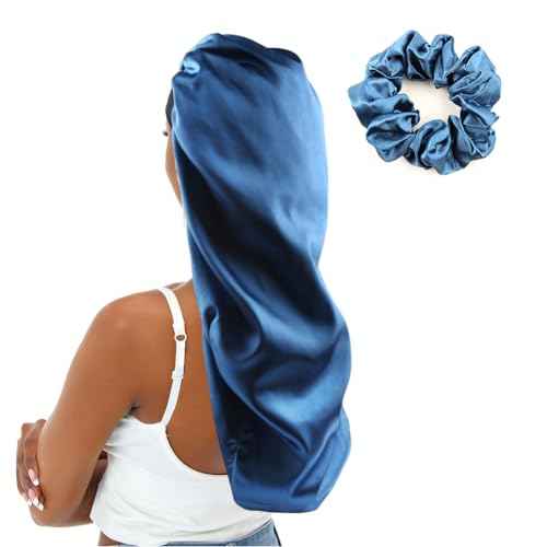 Extra Large Satin Bonnet Sleep Cap for Women, Double Layer Silky Hair Bonnet with Tie Band for Braids/Curly/Long Hair - Royal Blue
