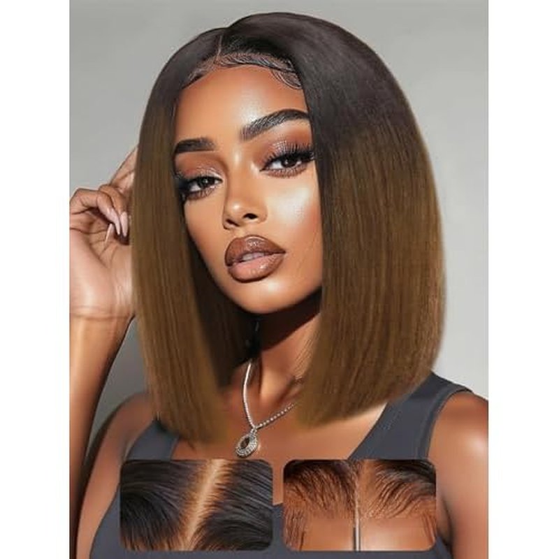 YIROO Yaki Straight Bob Wig Ombre Brown Human Hair Bye Bye Knots Glueless Wig Chestnut Brown Pre Cut 7x5 HD Lace Front Lace Put On and Go Pre Bleached Pre Plucked with Dark Roots Yaki Bob Wig 10Inch