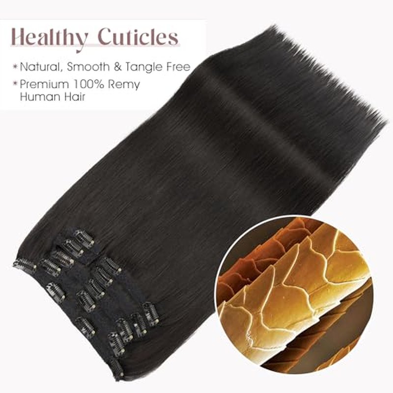 Elailite Clip in Hair Extensions Real Human Hair, Remy Hairpieces for Women, 7PCS Lace Weft Full Head, 20 Inch 120g Natural Black