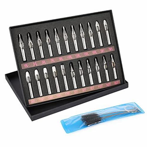 Tattoo Stainless Steel Tips Kit, 22pcs Assorted Stainless Steel DT RT FT Tip Kit with 1 pc Cleaning Brush for Tattoo Machine Gun Tatto Needles