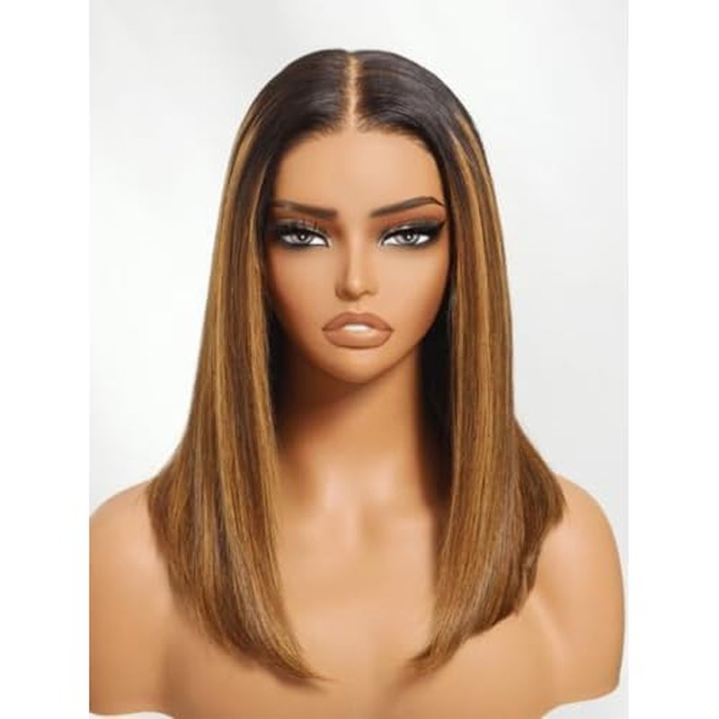Beauty Forever Bob Wig Human Hair Brown With Blonde Piano Highlights Blunt Straight Wig Glueless 7x5 HD Lace Front Pre Cut Plucked Bye Bye Knots Ready to Go Short Wig 150% Density 12 Inches