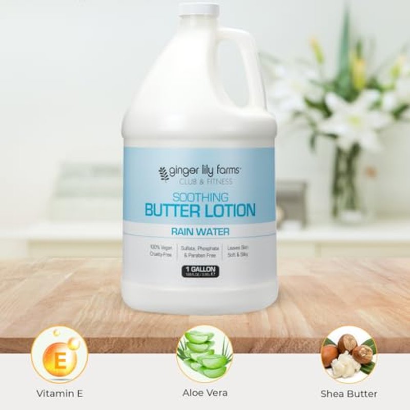Ginger Lily Farms Club & Fitness Soothing Butter Lotion for Dry Skin, 100% Vegan & Cruelty-Free, Rain Water Scent, 1 Gallon (128 fl oz) Refill