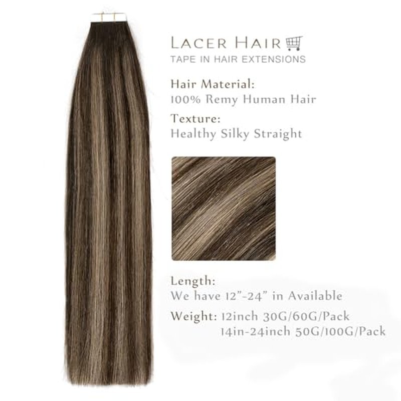 Lacer Human Hair Tape In Extensions 18inch Dark Brown Tape In Hair Extensions Straight Human Hair Chestnut Brown Highlight 100G 40pcs Thick Ends Piece For Invisible Seamless Human Hair Tape In