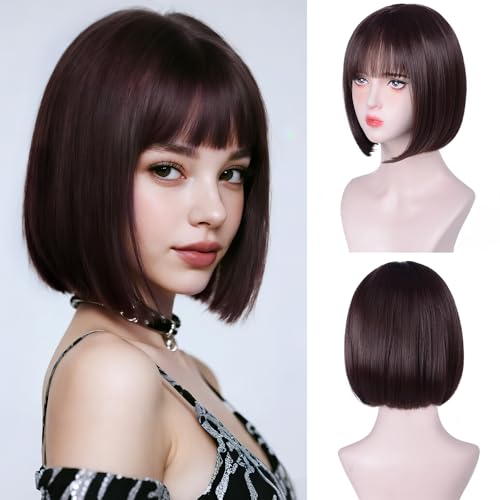 Short Brown Wig With Bangs Straight Bob Wigs for Women Brown Bob Synthetic Wig Super Soft and Easy to Wear Straight Bob Wig Colorful Synthetic Wig for Daily Cosplay Halloween