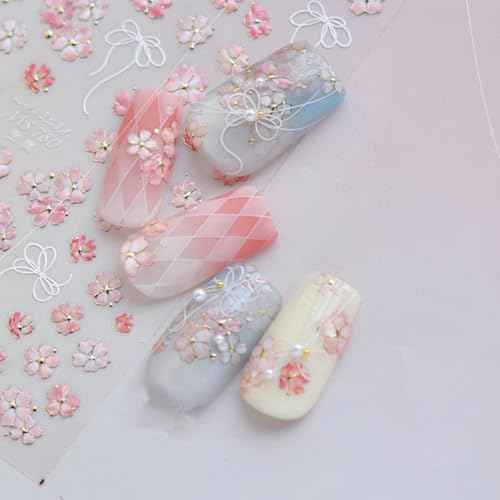 5D Embossed Pink Flower Nail Stickers Self-Adhesive Spring Summer Nail Art Stickers White Bow with Cherry Blossoms Gold Glitter Design Nail Art Supplies Floral Nail Decals for Women Acrylic Nails