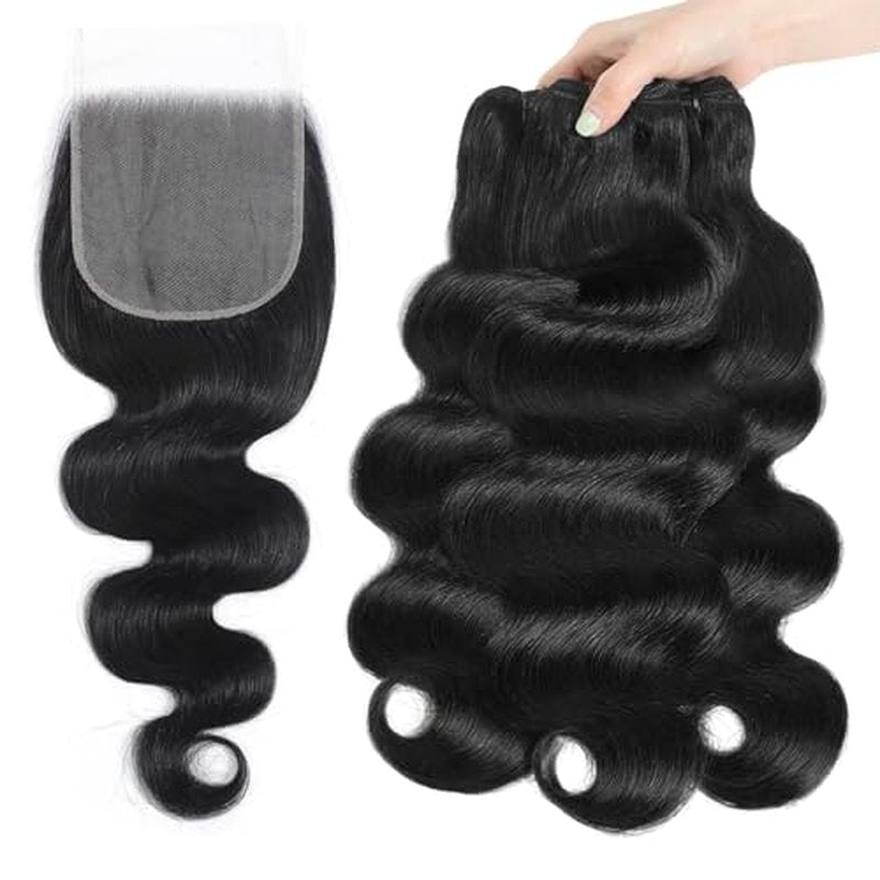 12A Human Hair Bundles with Closure 16 18 20 + 14 Inch Brazilian Body Wave Bundles Human Hair with 5x5 HD Lace Closure 100% Unprocessed Virgin