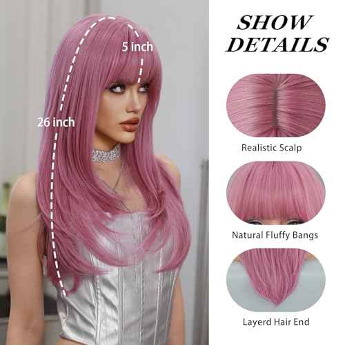 PARK YUN Long Straight Pink Wig with Bangs for Women 26 Inch Neon Pink Hair Synthetic Heat Resistant Pastel Layered Wig Sexy Colored Rose Gold Wigs for Cosplay Christmas Gifts Party