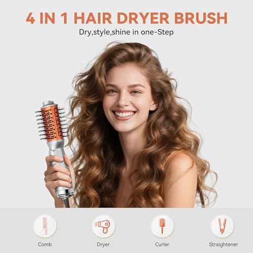 Travel Hair Dryer Brush, Dual Voltage 100?240V 4-in-1 Hot Air Brush with 3 Heat & 2 Speed Settings for Drying, Straightening, Curling & Volumizing, Mini Ionic Thermal Blow Dryer Brush for Women