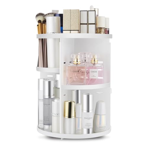 360 Rotating Makeup Organizer,DIY Adjustable Spinning Holder,Foldable Cosmetic Storage Display box,Large Capacity Make up Caddy Shelf,Fits Countertop Vanity and Bathroom (WHITE)