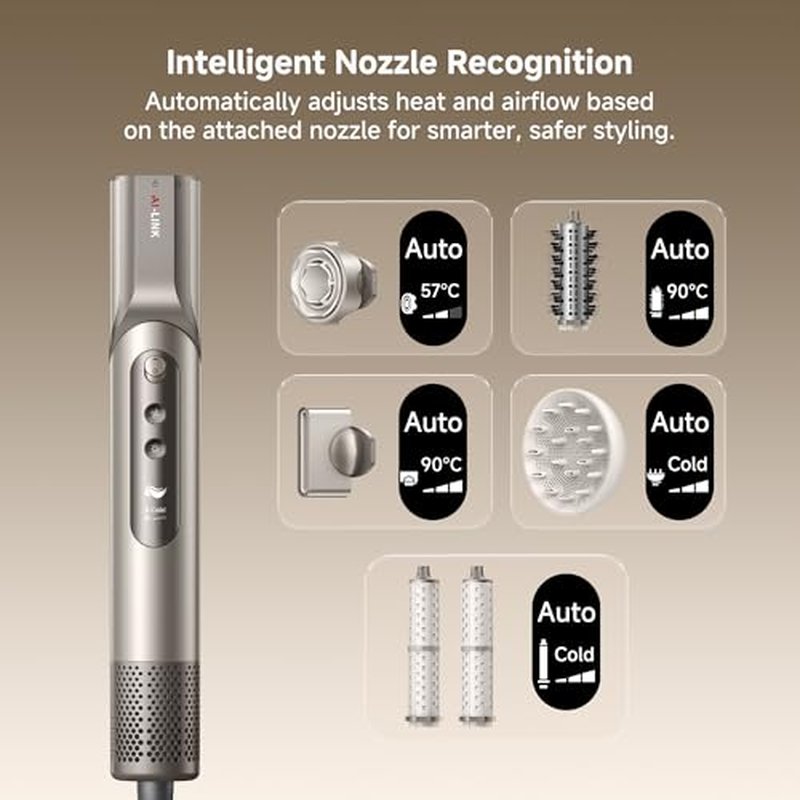 Dreame Dazzle Hair Styler and Dryer- Intelligent Nozzle Recognition, 110,000RPM High-Speed Motor for Fast Drying, 300M Negative Ions, 5 Snap-on Attachments, Smart Screen, 3 Customizable Modes